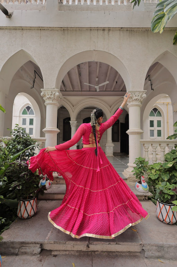 Pink Navratri Special Leheriya Print Lehenga Choli with 12 Mtr Flair & Mirror Lace Work ClothsVilla