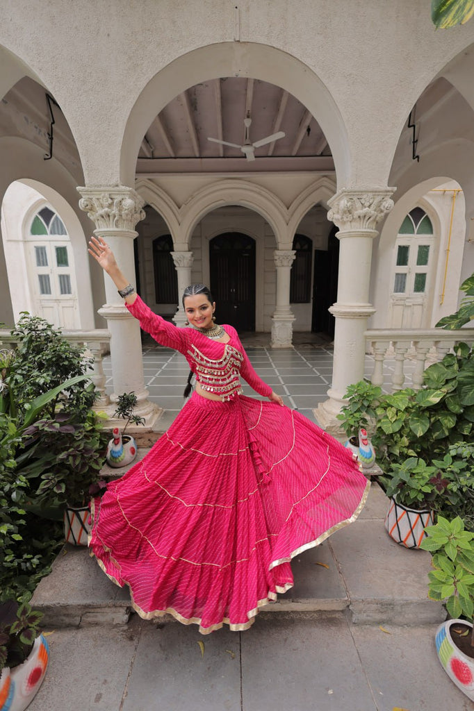 Pink Navratri Special Leheriya Print Lehenga Choli with 12 Mtr Flair & Mirror Lace Work ClothsVilla
