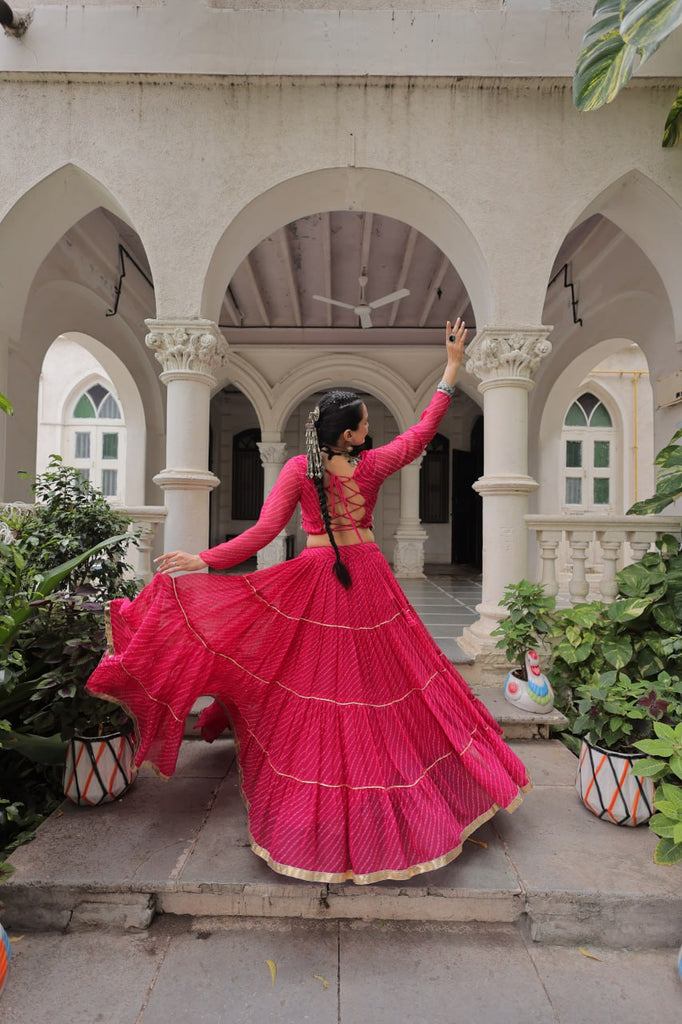 Pink Navratri Special Leheriya Print Lehenga Choli with 12 Mtr Flair & Mirror Lace Work ClothsVilla