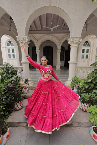 Pink Navratri Special Leheriya Print Lehenga Choli with 12 Mtr Flair & Mirror Lace Work ClothsVilla