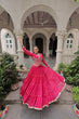 Load image into Gallery viewer, Pink Navratri Special Leheriya Print Lehenga Choli with 12 Mtr Flair &amp; Mirror Lace Work ClothsVilla