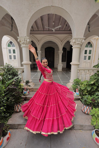 Pink Navratri Special Leheriya Print Lehenga Choli with 12 Mtr Flair & Mirror Lace Work ClothsVilla
