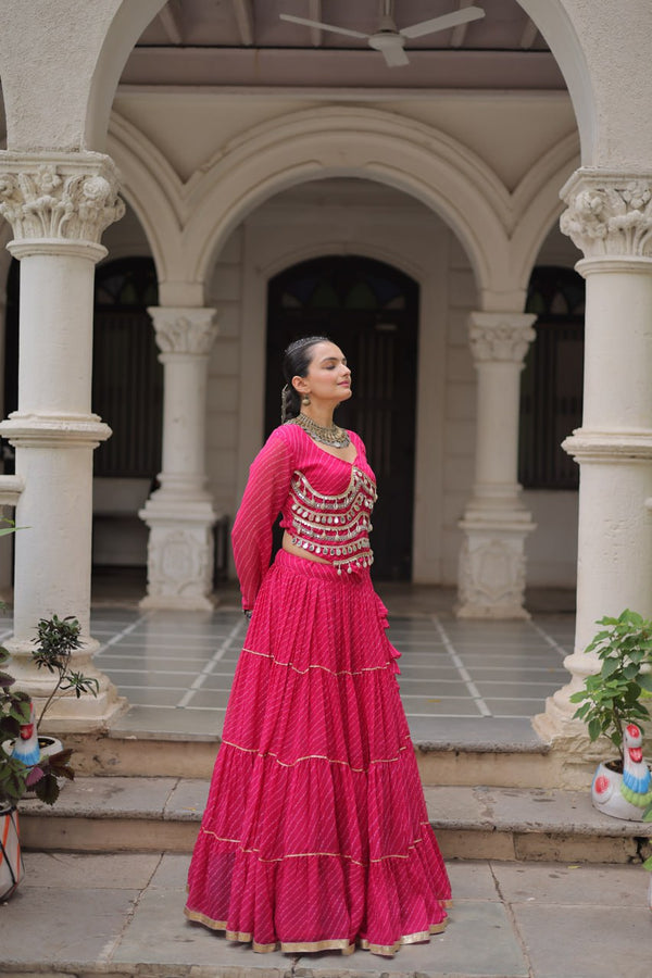 Pink Navratri Special Leheriya Print Lehenga Choli with 12 Mtr Flair & Mirror Lace Work ClothsVilla