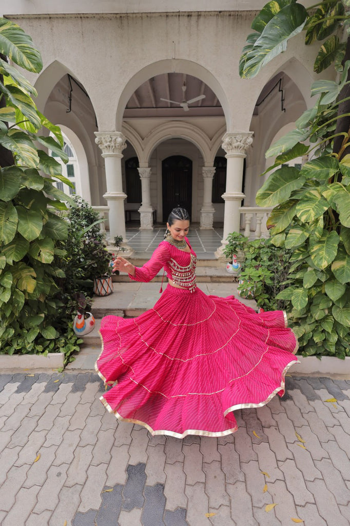Pink Navratri Special Leheriya Print Lehenga Choli with 12 Mtr Flair & Mirror Lace Work ClothsVilla
