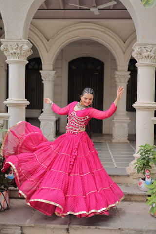 Pink Navratri Special Leheriya Print Lehenga Choli with 12 Mtr Flair & Mirror Lace Work ClothsVilla