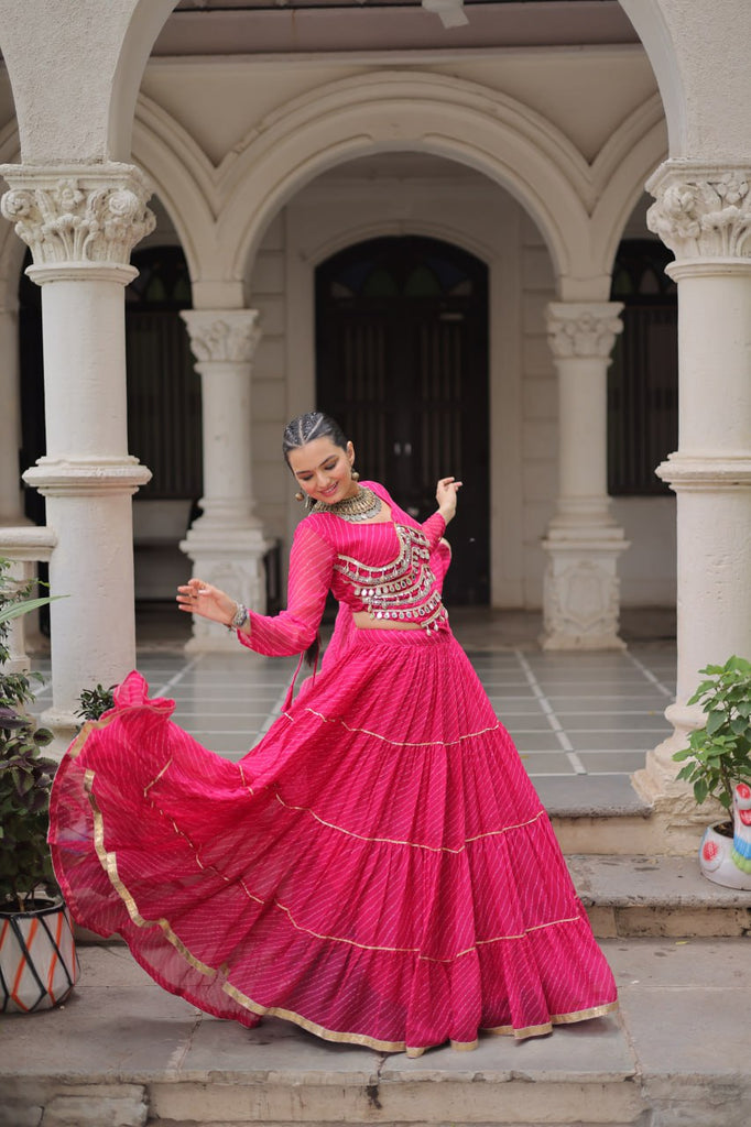 Pink Navratri Special Leheriya Print Lehenga Choli with 12 Mtr Flair & Mirror Lace Work ClothsVilla