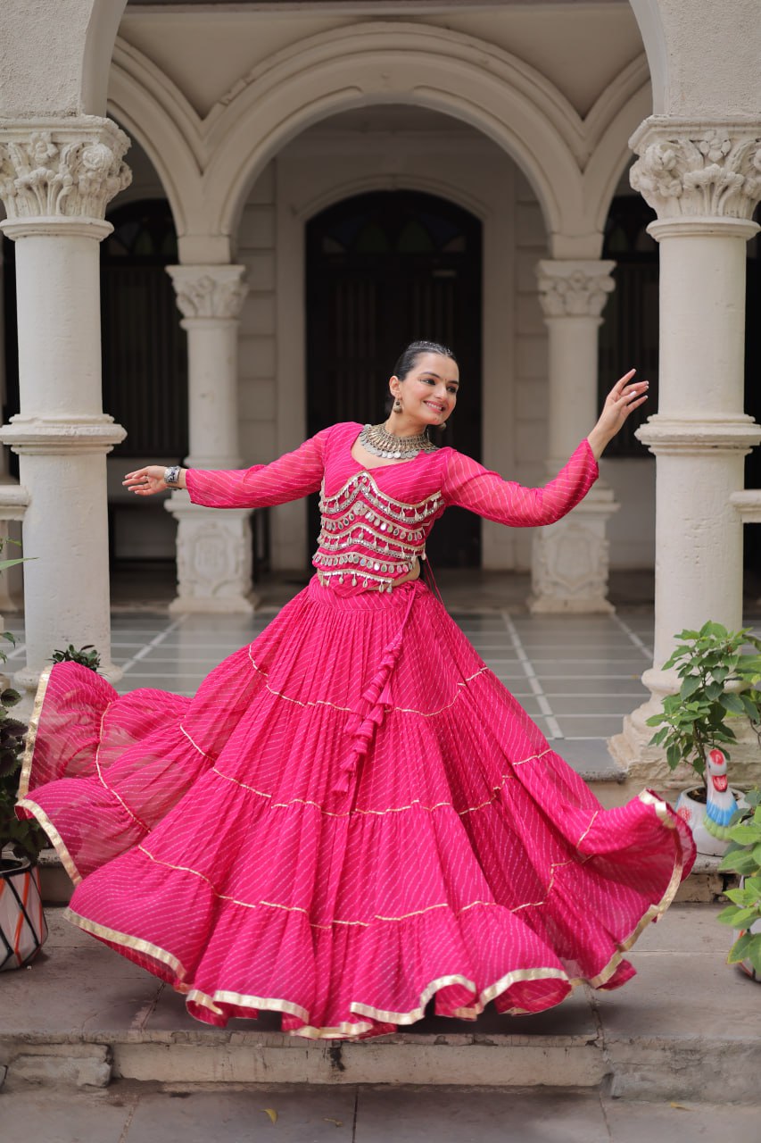 Pink Navratri Special Leheriya Print Lehenga Choli with 12 Mtr Flair & Mirror Lace Work ClothsVilla