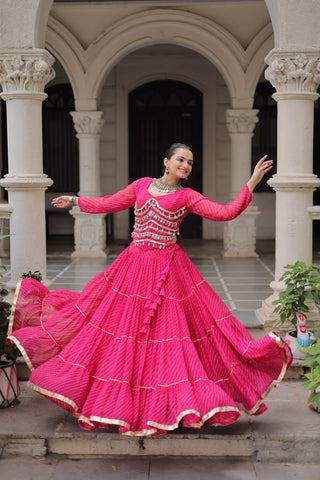Pink Navratri Special Leheriya Print Lehenga Choli with 12 Mtr Flair & Mirror Lace Work ClothsVilla