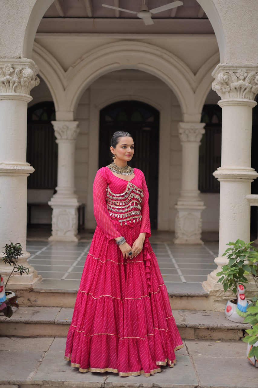 Pink Navratri Special Leheriya Print Lehenga Choli with 12 Mtr Flair & Mirror Lace Work ClothsVilla