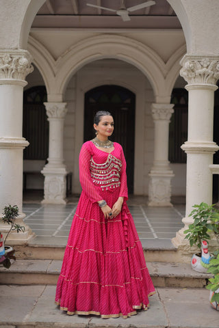 Pink Navratri Special Leheriya Print Lehenga Choli with 12 Mtr Flair & Mirror Lace Work ClothsVilla