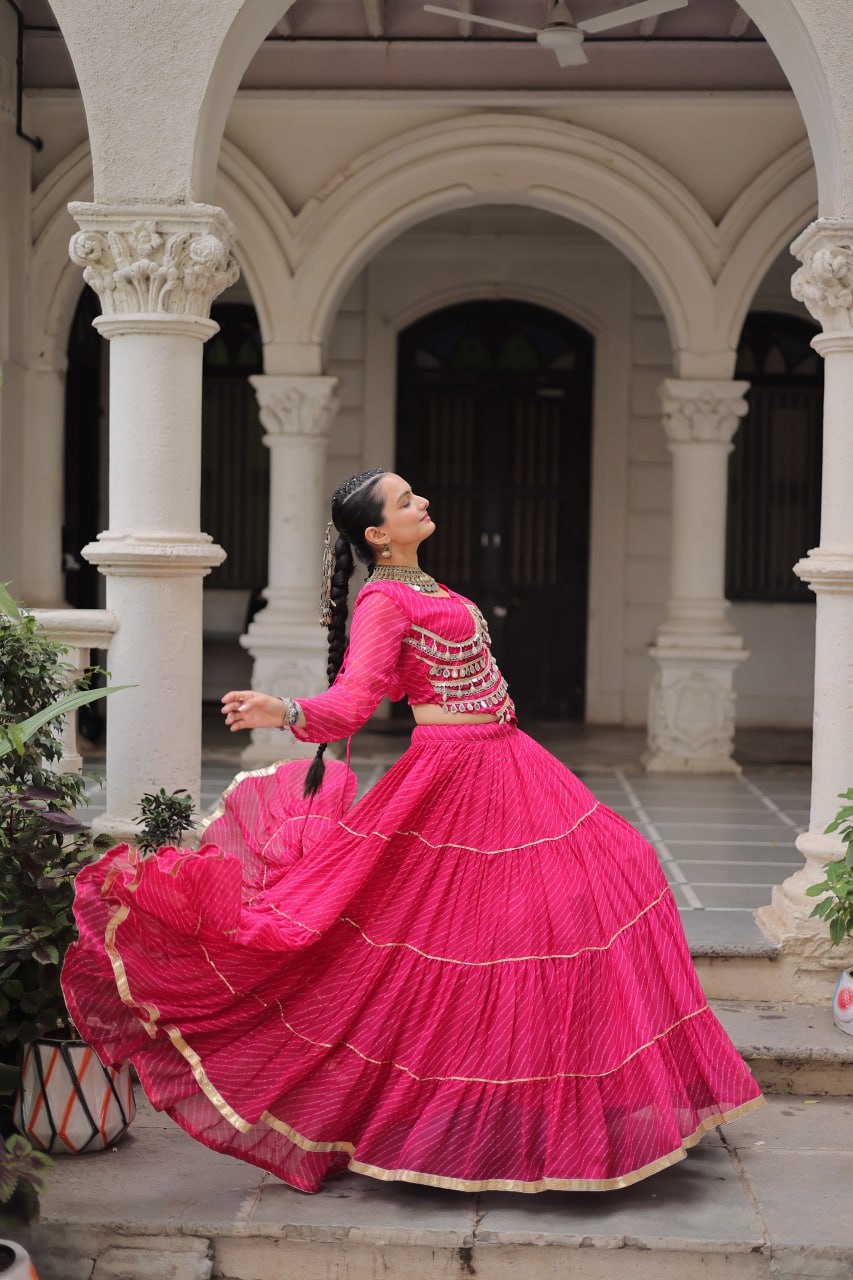 Pink Navratri Special Leheriya Print Lehenga Choli with 12 Mtr Flair & Mirror Lace Work ClothsVilla