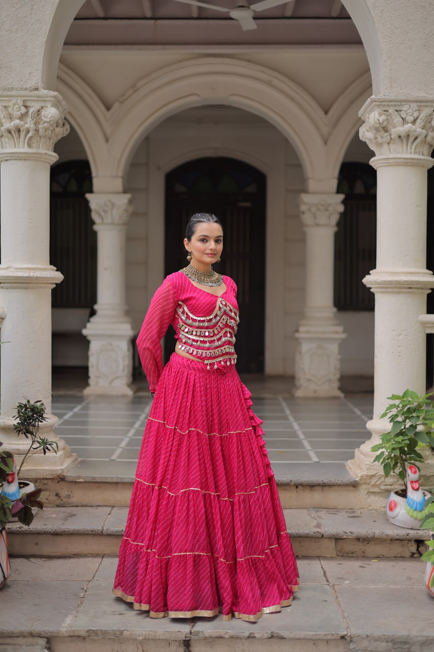 Pink Navratri Special Leheriya Print Lehenga Choli with 12 Mtr Flair & Mirror Lace Work ClothsVilla
