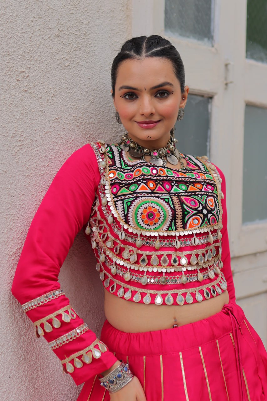 Pink Navratri Special Roman Fabric Lehenga Choli with Kutchi Gamthi & Mirror Work ClothsVilla