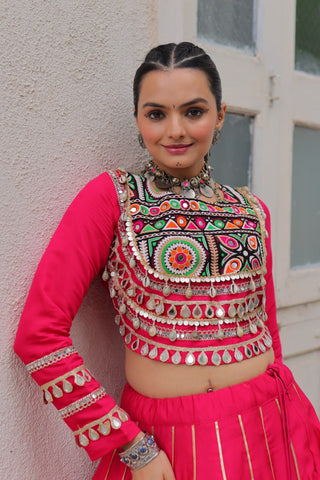 Pink Navratri Special Roman Fabric Lehenga Choli with Kutchi Gamthi & Mirror Work ClothsVilla