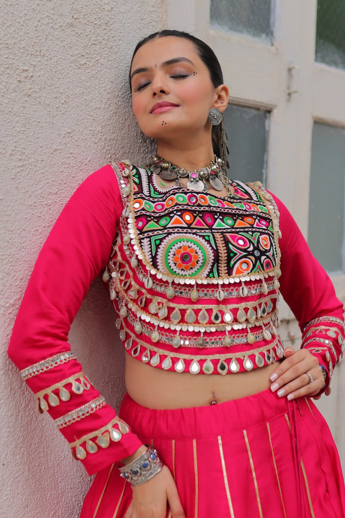 Pink Navratri Special Roman Fabric Lehenga Choli with Kutchi Gamthi & Mirror Work ClothsVilla