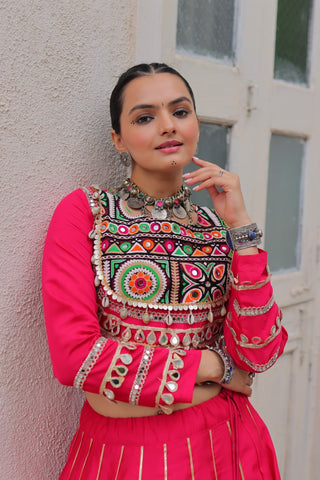Pink Navratri Special Roman Fabric Lehenga Choli with Kutchi Gamthi & Mirror Work ClothsVilla