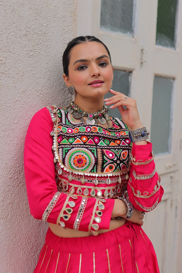 Pink Navratri Special Roman Fabric Lehenga Choli with Kutchi Gamthi & Mirror Work ClothsVilla