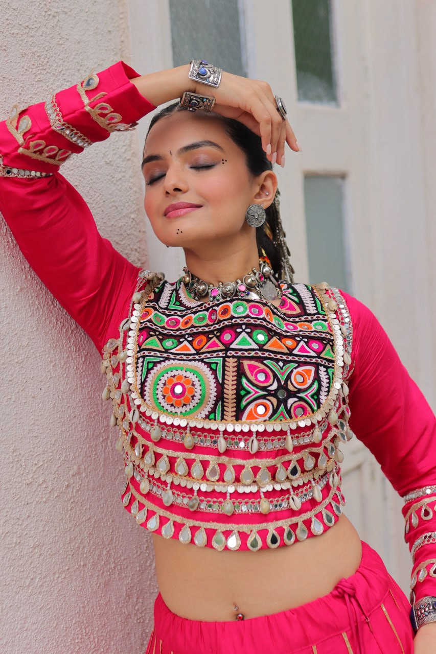 Pink Navratri Special Roman Fabric Lehenga Choli with Kutchi Gamthi & Mirror Work ClothsVilla