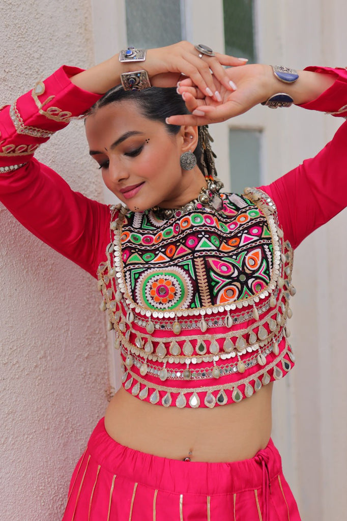 Pink Navratri Special Roman Fabric Lehenga Choli with Kutchi Gamthi & Mirror Work ClothsVilla