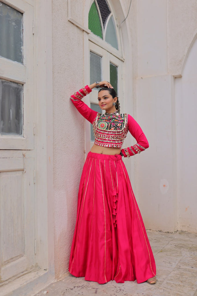 Pink Navratri Special Roman Fabric Lehenga Choli with Kutchi Gamthi & Mirror Work ClothsVilla