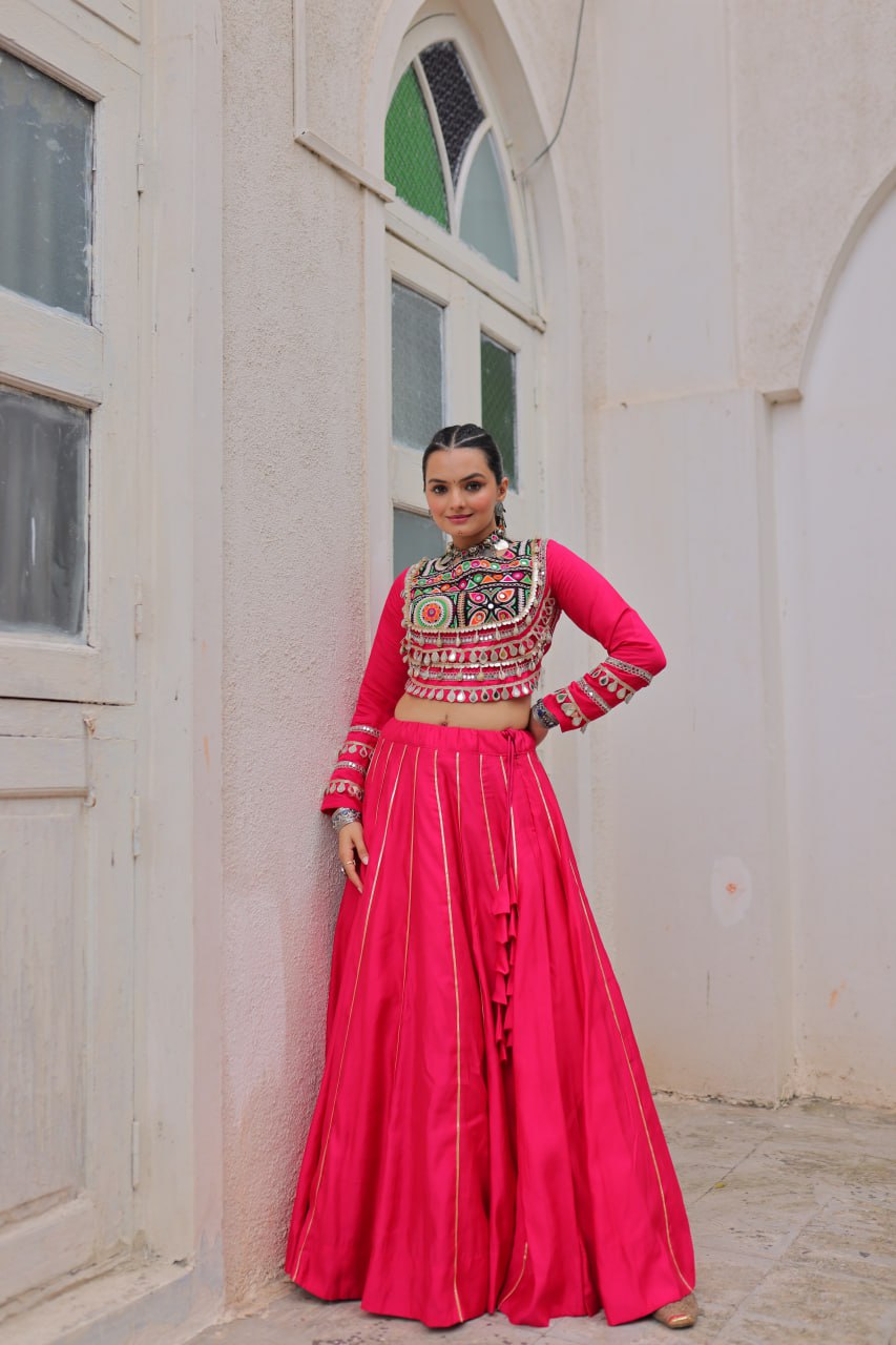 Pink Navratri Special Roman Fabric Lehenga Choli with Kutchi Gamthi & Mirror Work ClothsVilla