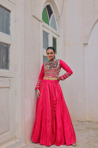 Pink Navratri Special Roman Fabric Lehenga Choli with Kutchi Gamthi & Mirror Work ClothsVilla