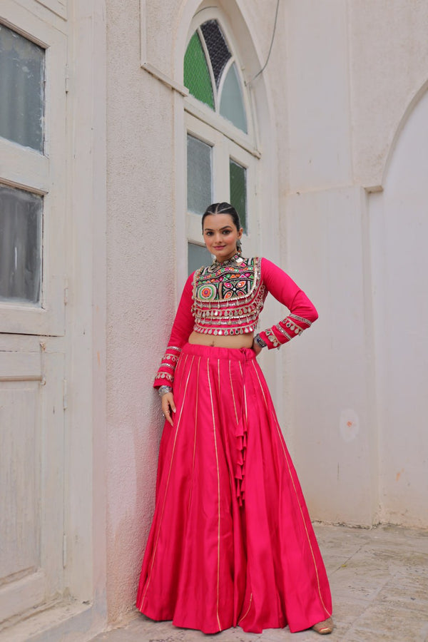 Pink Navratri Special Roman Fabric Lehenga Choli with Kutchi Gamthi & Mirror Work ClothsVilla