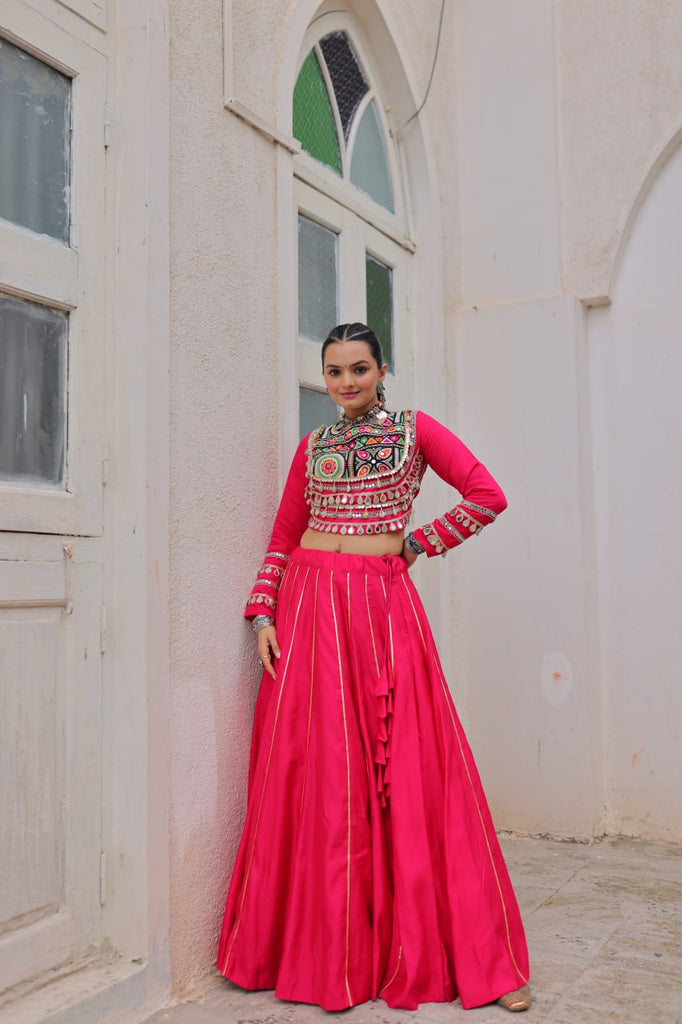 Pink Navratri Special Roman Fabric Lehenga Choli with Kutchi Gamthi & Mirror Work ClothsVilla