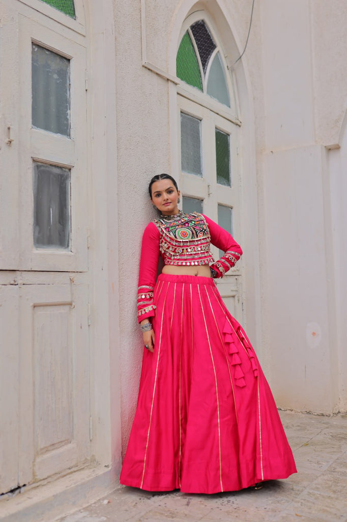 Pink Navratri Special Roman Fabric Lehenga Choli with Kutchi Gamthi & Mirror Work ClothsVilla