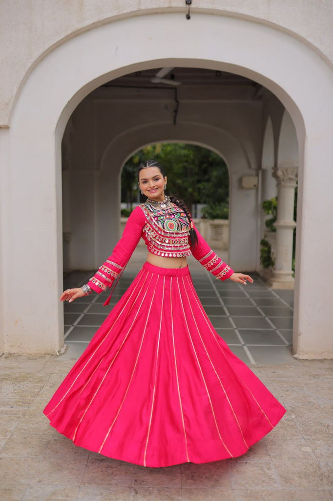 Pink Navratri Special Roman Fabric Lehenga Choli with Kutchi Gamthi & Mirror Work ClothsVilla
