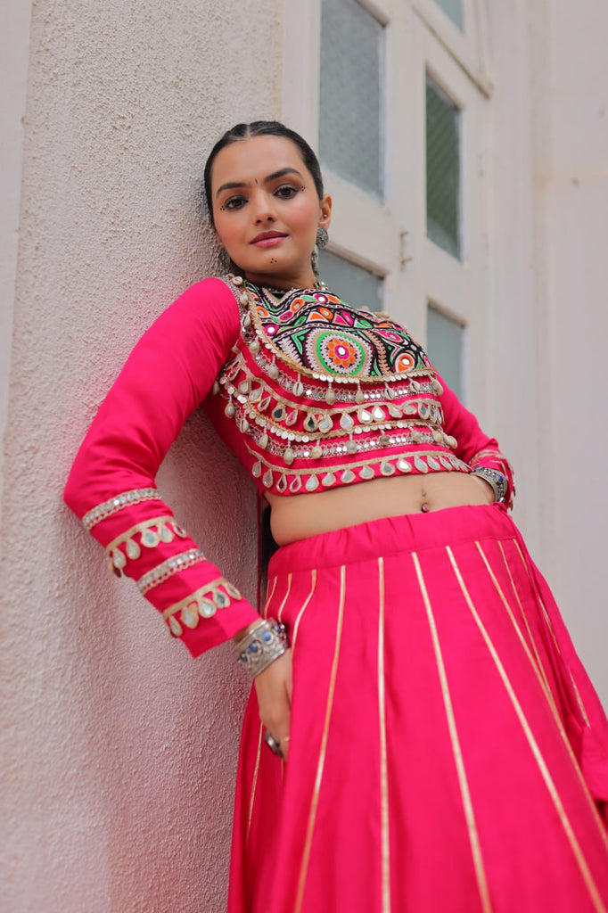 Pink Navratri Special Roman Fabric Lehenga Choli with Kutchi Gamthi & Mirror Work ClothsVilla