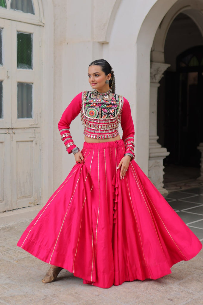 Pink Navratri Special Roman Fabric Lehenga Choli with Kutchi Gamthi & Mirror Work ClothsVilla