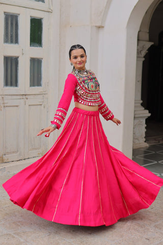 Pink Navratri Special Roman Fabric Lehenga Choli with Kutchi Gamthi & Mirror Work ClothsVilla