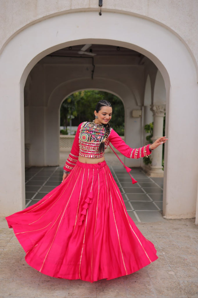 Pink Navratri Special Roman Fabric Lehenga Choli with Kutchi Gamthi & Mirror Work ClothsVilla