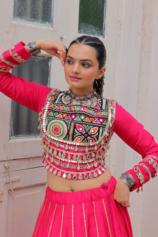 Pink Navratri Special Roman Fabric Lehenga Choli with Kutchi Gamthi & Mirror Work ClothsVilla