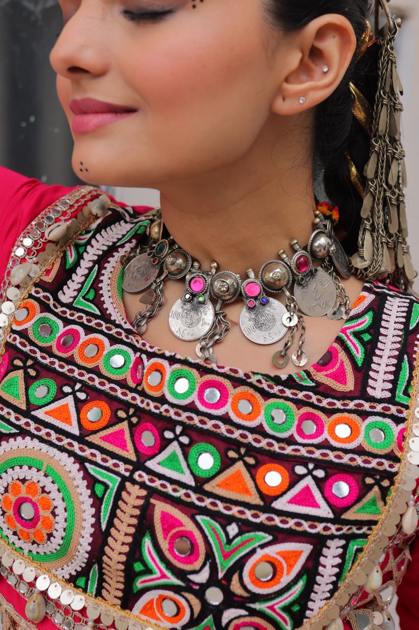 Pink Navratri Special Roman Fabric Lehenga Choli with Kutchi Gamthi & Mirror Work ClothsVilla