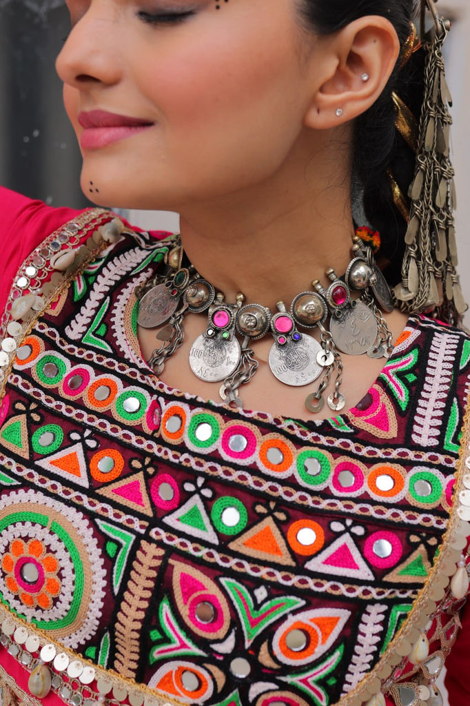 Pink Navratri Special Roman Fabric Lehenga Choli with Kutchi Gamthi & Mirror Work ClothsVilla