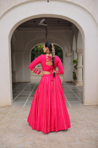 Pink Navratri Special Roman Fabric Lehenga Choli with Kutchi Gamthi & Mirror Work ClothsVilla
