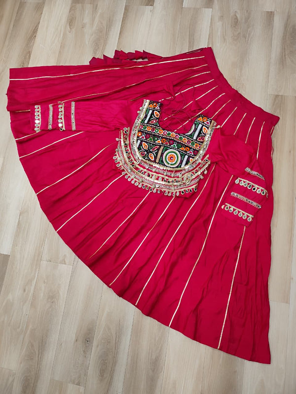 Pink Navratri Special Roman Fabric Lehenga Choli with Kutchi Gamthi & Mirror Work ClothsVilla