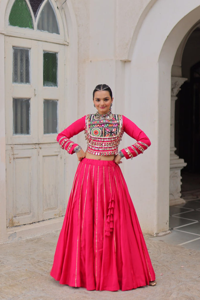 Pink Navratri Special Roman Fabric Lehenga Choli with Kutchi Gamthi & Mirror Work ClothsVilla