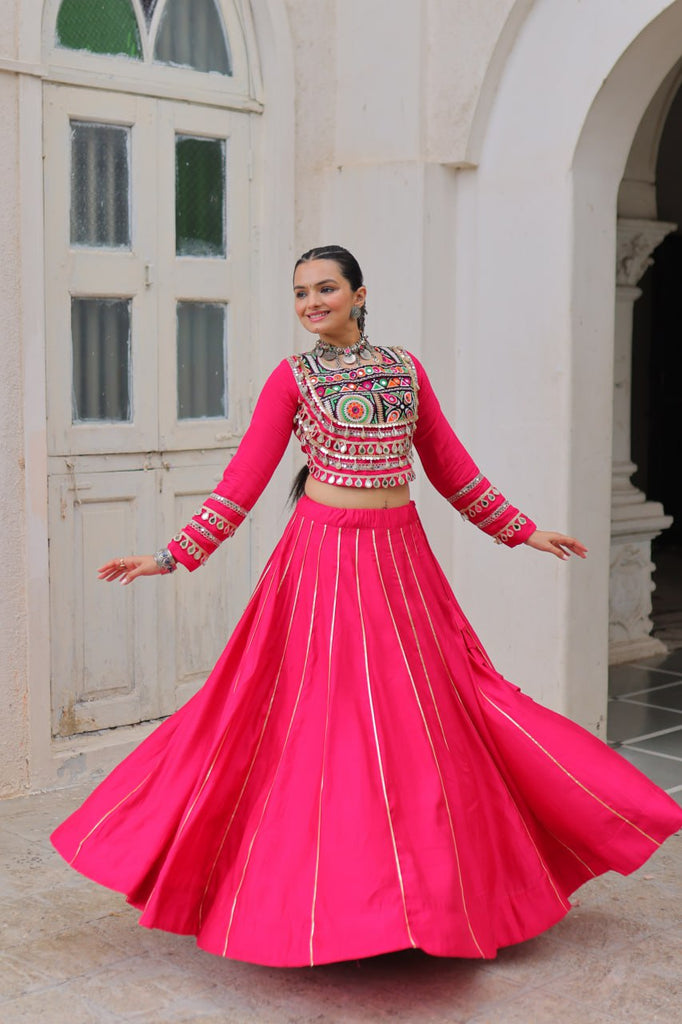 Pink Navratri Special Roman Fabric Lehenga Choli with Kutchi Gamthi & Mirror Work ClothsVilla