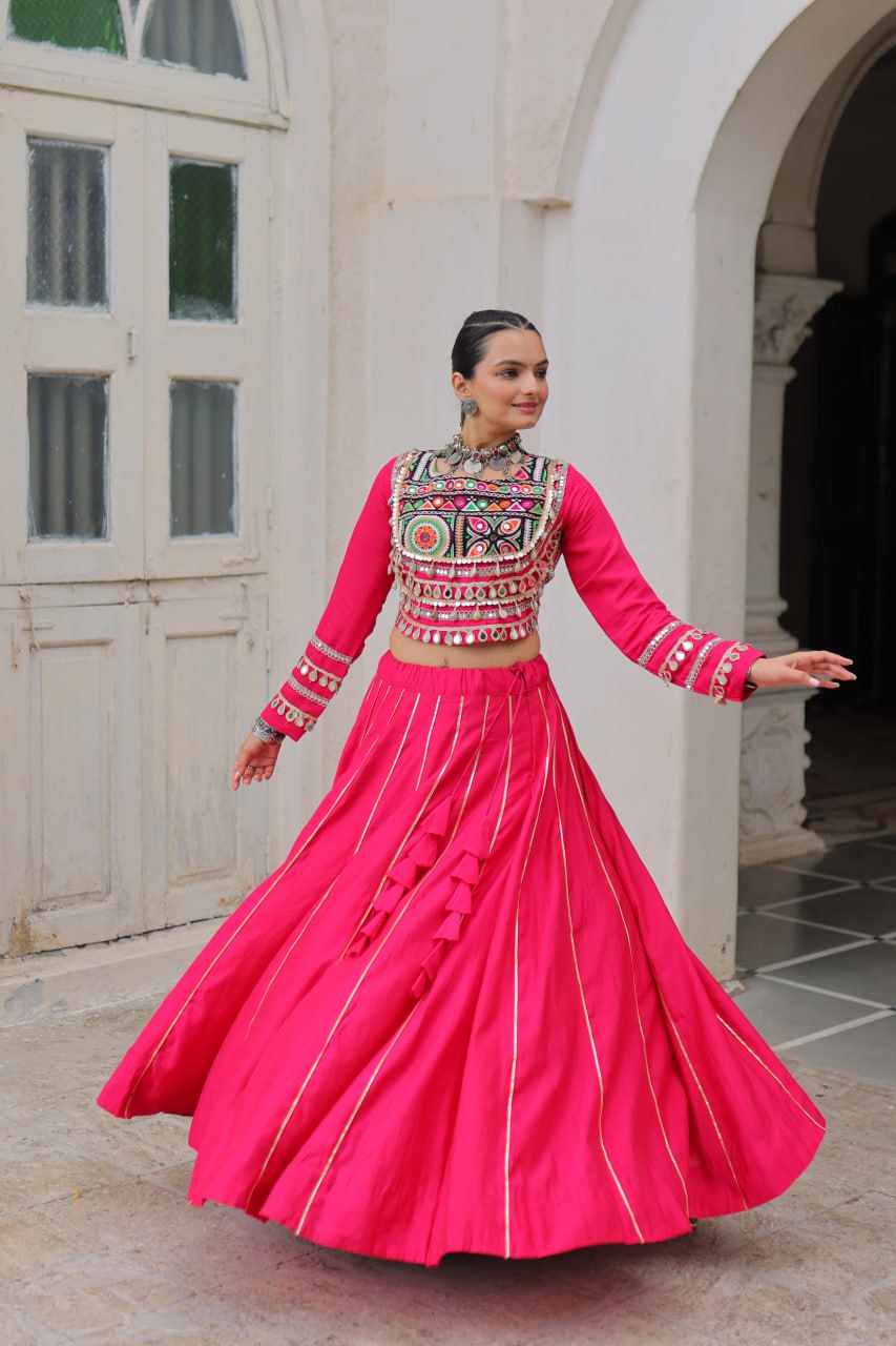 Pink Navratri Special Roman Fabric Lehenga Choli with Kutchi Gamthi & Mirror Work ClothsVilla