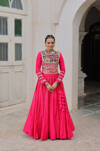 Pink Navratri Special Roman Fabric Lehenga Choli with Kutchi Gamthi & Mirror Work ClothsVilla