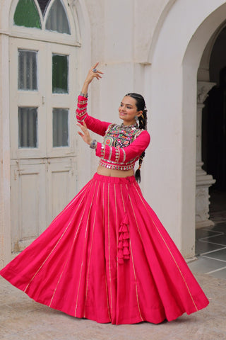 Pink Navratri Special Roman Fabric Lehenga Choli with Kutchi Gamthi & Mirror Work ClothsVilla