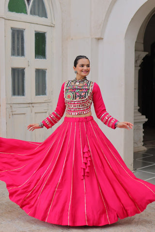 Pink Navratri Special Roman Fabric Lehenga Choli with Kutchi Gamthi & Mirror Work ClothsVilla