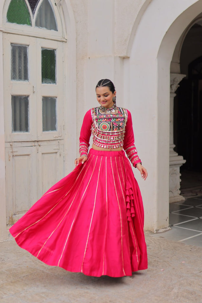 Pink Navratri Special Roman Fabric Lehenga Choli with Kutchi Gamthi & Mirror Work ClothsVilla