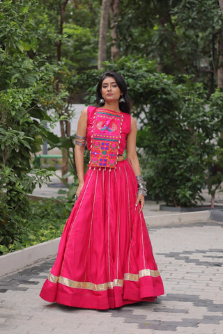 Pink Navratri Special Roman Fabric Lehenga Choli with Kutchi Gamthi & Mirror Work ClothsVilla