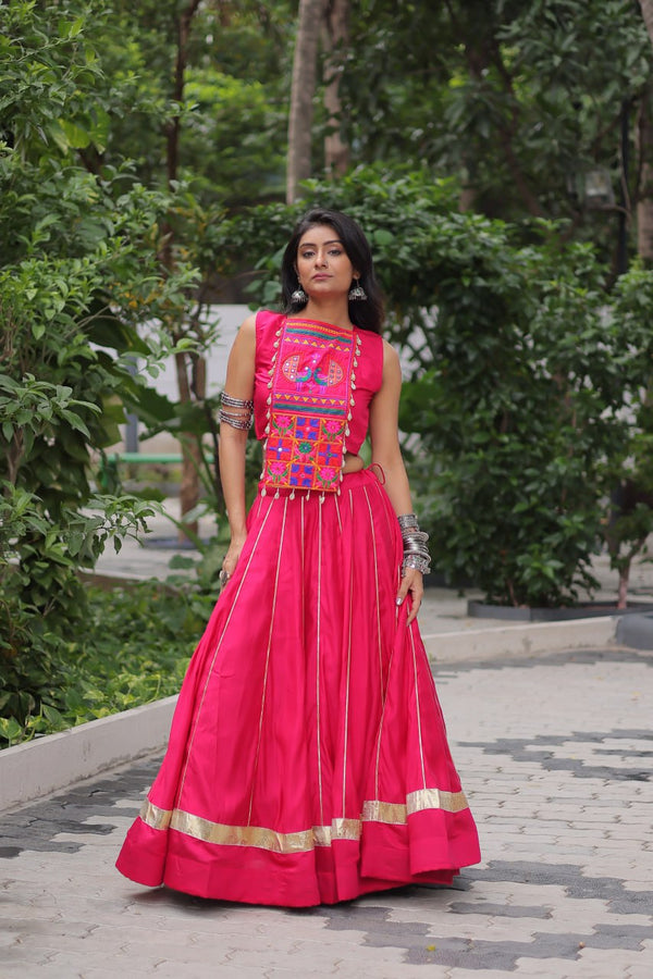 Pink Navratri Special Roman Fabric Lehenga Choli with Kutchi Gamthi & Mirror Work ClothsVilla