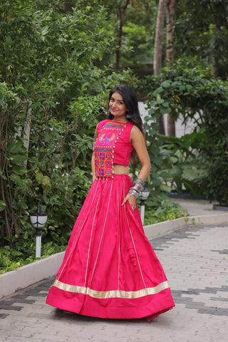 Pink Navratri Special Roman Fabric Lehenga Choli with Kutchi Gamthi & Mirror Work ClothsVilla