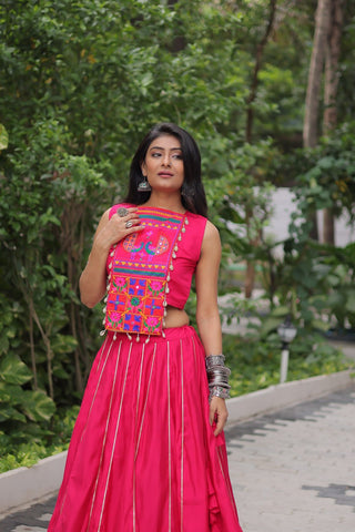 Pink Navratri Special Roman Fabric Lehenga Choli with Kutchi Gamthi & Mirror Work ClothsVilla